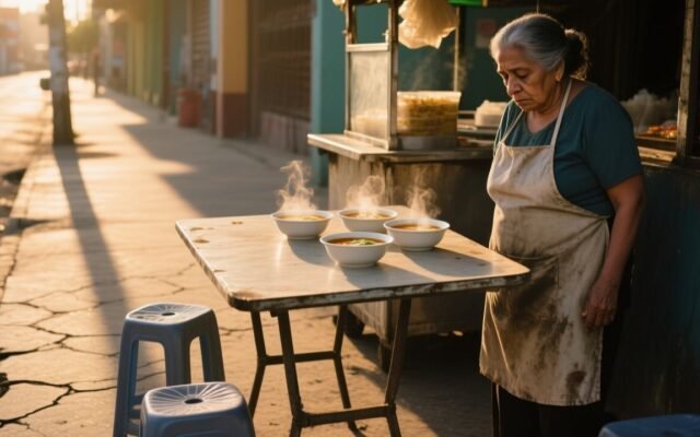 Doña Mercedes sirviendo caldo de costilla en su puesto callejero de lona azul mientras cuatro motociclistas comen en la mesa