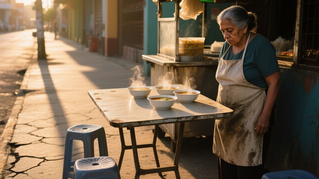 Doña Mercedes sirviendo caldo de costilla en su puesto callejero de lona azul mientras cuatro motociclistas comen en la mesa