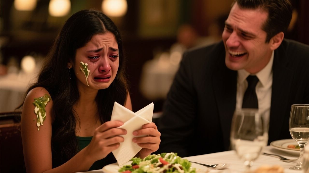 Mujer con vestido azul marino sostiene una servilleta doblada en cuatro durante una cena formal