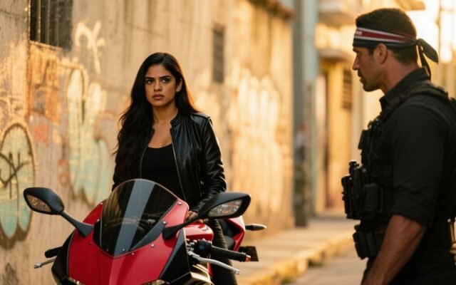 Joven de chaqueta de cuero junto a moto Yamaha R1 negra y roja mientras un asaltante le apunta en un callejón