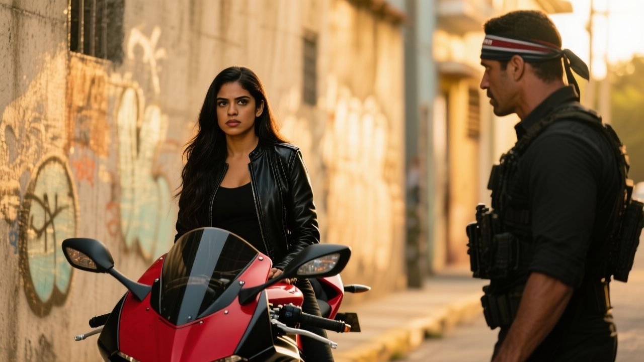 Joven de chaqueta de cuero junto a moto Yamaha R1 negra y roja mientras un asaltante le apunta en un callejón