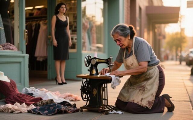 Doña Rosa, costurera de 68 años, junto a su máquina Singer en el pasillo B del centro comercial