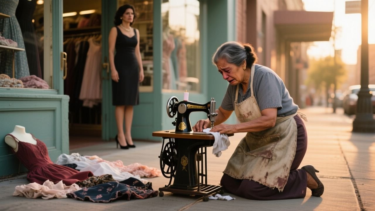 Doña Rosa, costurera de 68 años, junto a su máquina Singer en el pasillo B del centro comercial